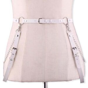 White Leather Suspender Harness Silver Hardware Statement Belt NEW